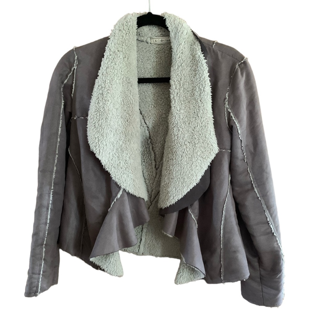 LK Collection Sherpa faux fur gray distorted shaggy jacket sweater M